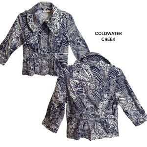 Coldwater Creek Jacket Women’s SZ 6P Blue White Floral Full Zip 3/4Sleeve Cotton